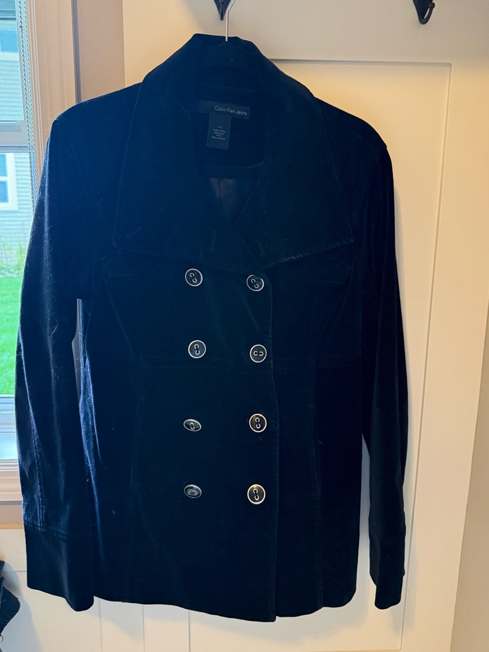 Calvin Klein Black Double-Breasted Velvet Pea Coat